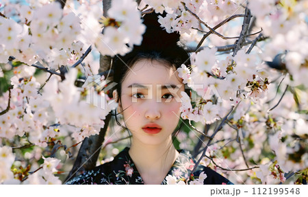 春の訪れを感じる、桜と共に咲く日本人女性のポートレート 112199548
