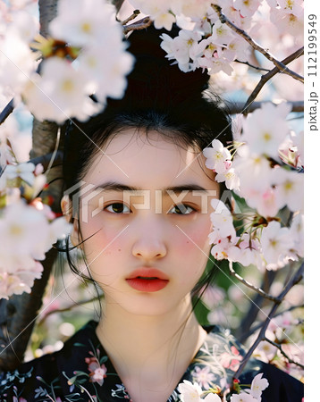 春の訪れを感じる、桜と共に咲く日本人女性のポートレート 112199549