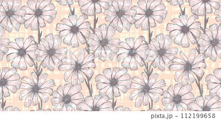 Textured light pink seamless pattern with engraving white chamomile flowers. Vintage sketch hand drawn gerbera flower botanical print for textile, wrapping paper, background 112199658