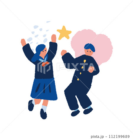 制服を着た元気な男女の学生のフラットでシンプルなイラスト 制服を着た元気な男女の学生のフラットでシンプルなイラスト 112199689