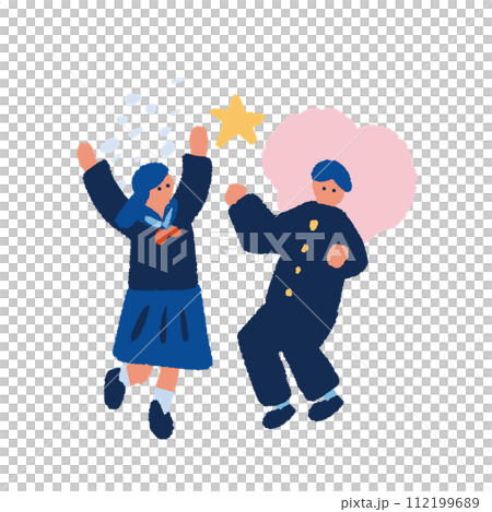 制服を着た元気な男女の学生のフラットでシンプルなイラスト 制服を着た元気な男女の学生のフラットでシンプルなイラスト 112199689