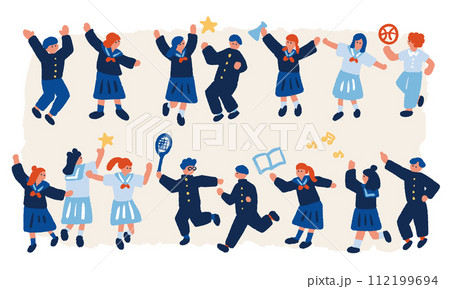 学校生活のイメージ、制服を着た元気な学生のフラットでシンプルなイラスト 112199694