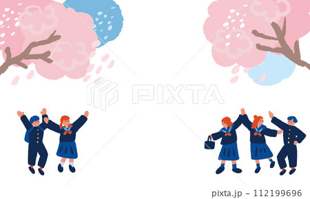 桜と制服を着た学生のフラットでシンプルなイラスト 112199696