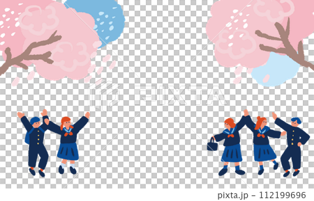 桜と制服を着た学生のフラットでシンプルなイラスト 112199696