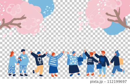 桜と街の人々のフラットでシンプルなイラスト 桜と街の人々のフラットでシンプルなイラスト 112199697