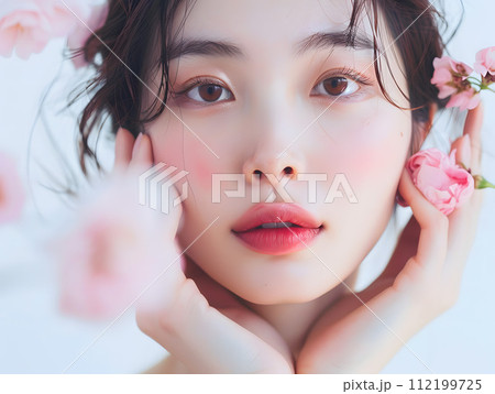 フローラルな美しさ：花びらに囲まれた日本人女性のナチュラルビューティ 112199725