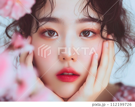 フローラルな美しさ：花びらに囲まれた日本人女性のナチュラルビューティ 112199726