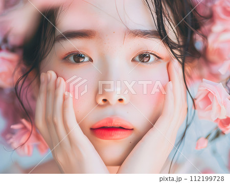 フローラルな美しさ：花びらに囲まれた日本人女性のナチュラルビューティ 112199728