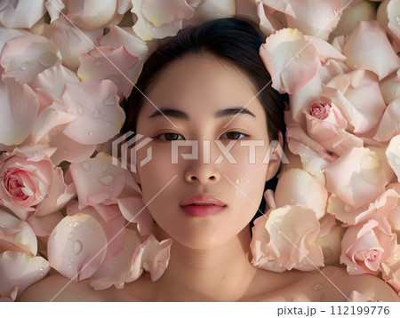 美と癒しの時間：アジアの美人が薔薇の花びらに囲まれたスキンケアセッション 112199776