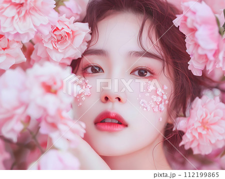 フローラルな美しさ：花びらに囲まれた日本人女性のナチュラルビューティ 112199865