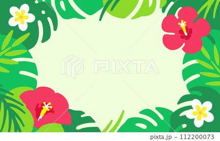 ハイビスカスと南国の葉っぱ。トロピカルな夏のフレーム素材。 112200073