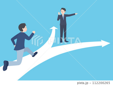 走っている若い男性と進路を指し示すスーツの男性 走っている若い男性と進路を指し示すスーツの男性 112200265