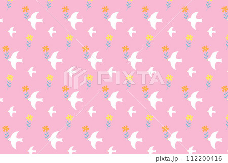 花をくわえた鳥が飛んでいる春らしいシームレスパターン 花をくわえた鳥が飛んでいる春らしいシームレスパターン 112200416