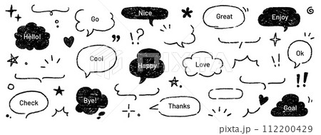 Cute crayon frame speech bubble set. Crayon chalk background speech bubble frame. Hand drawn chalk pencil dialog balloon, japan handwriting doodle text cloud. Vector 112200429
