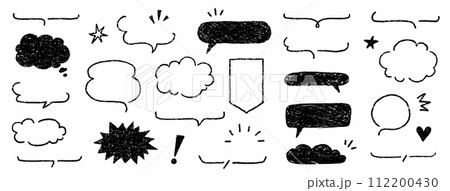 Cute crayon frame speech bubble set. Crayon chalk background speech bubble frame. Hand drawn chalk pencil dialog balloon, japan handwriting doodle text cloud. Vector 112200430