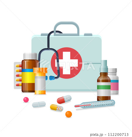 First aid kit medicine cartoon style isolated 112200713