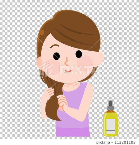 Illustration of a girl applying treatment oil to her hair Illustration of a girl applying treatment oil to her hair 112201108