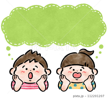 頬杖をつく子供たち ふきだし 手描きイラスト素材 頬杖をつく子供たち ふきだし 手描きイラスト素材 112201207
