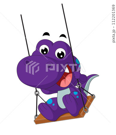 Cute little dinosaur cartoon playing on swing of illustration 112201369