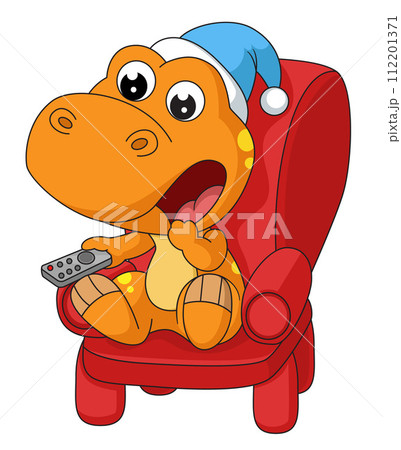 Cute little dinosaur cartoon sitting on armchair switching channels with remote of illustration 112201371