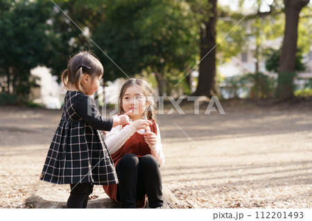 シャボン玉で遊ぶ女の子達 112201493