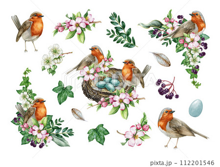 Easter festive cozy decor. Vintage style spring season decor set with garden bird and flowers. Watercolor illustration. Hand drawn robin bird, nest, eggs, garden flowers, leaves element collection Easter festive cozy decor. Vintage style spring season decor set with garden bird and flowers. Watercolor illustration. Hand drawn robin bird, nest, eggs, garden flowers, leaves element collection 112201546