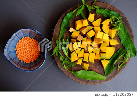 ingredient food, red pumpkin, red lentils ingredient food, red pumpkin, red lentils 112202057