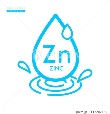 Minerals zinc icon blue. Water drops splashing and waves isolated on white background. Symbol for use on advertising media. Form simple line for designing medical beauty products. Vector. 112202165