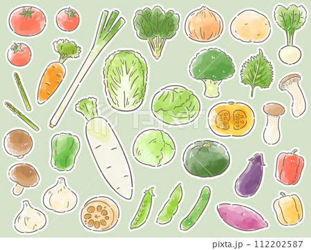 手描き風の野菜イラストセット　白フチ 112202587