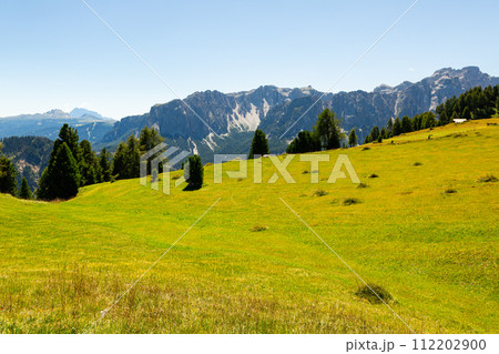 Wooden farm building on hillside in Dolomites. 112202900