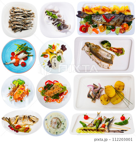 Dishes with hake, salmon and cod isolated on white background 112203001