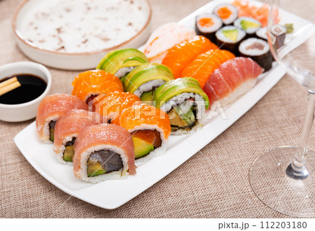 Set of maki and urumaki rolls and nigiri sushi Set of maki and urumaki rolls and nigiri sushi 112203180