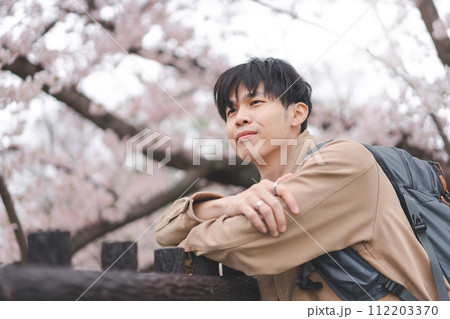 Portrait traveler asian man with backpack travel in japan spring sakura season 112203370