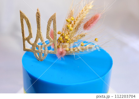 cooking and decorating a delicious dessert cake with the Ukrainian flag trident and spikelets of wheat and millet Take care of our country peace happiness Diligence of the Ukrainian people cooking and decorating a delicious dessert cake with the Ukrainian flag trident and spikelets of wheat and millet Take care of our country peace happiness Diligence of the Ukrainian people 112203704