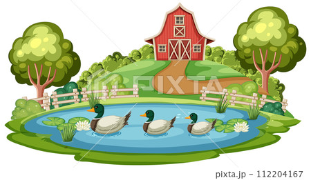 Idyllic Farm Pond with Ducks and Barn 112204167