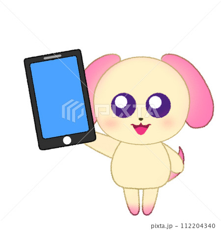 手をあげてスマホを持つイヌのクレヨンイラスト 手をあげてスマホを持つイヌのクレヨンイラスト 112204340