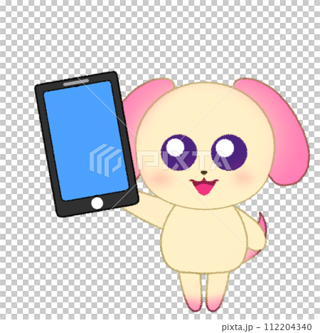 手をあげてスマホを持つイヌのクレヨンイラスト 手をあげてスマホを持つイヌのクレヨンイラスト 112204340