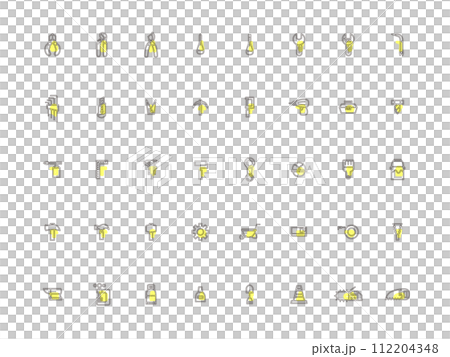 様々な作業道具のアウトラインアイコンセット　黄色 112204348