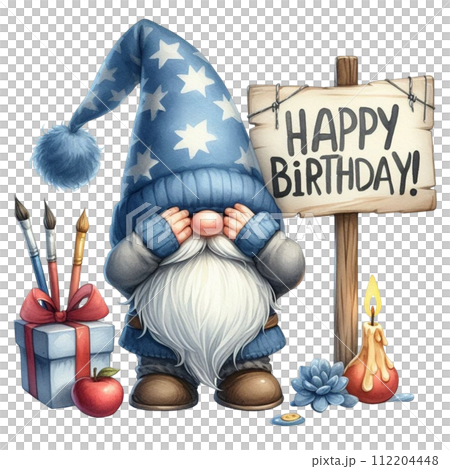 Gnome cute holding a sign happy birthday Gnome cute holding a sign happy birthday 112204448