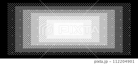 Pixelated gradient rectangle frame. Black dithered central gradation texture. Retro bitmap game background. Halftone 8 bit wallpaper. Vintage rectangular pixel art border. Vector vanishing backdrop 112204901