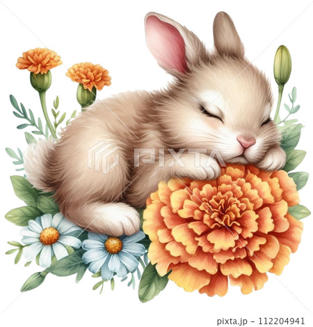 Cute rabbit sleeping on a flower Cute rabbit sleeping on a flower 112204941