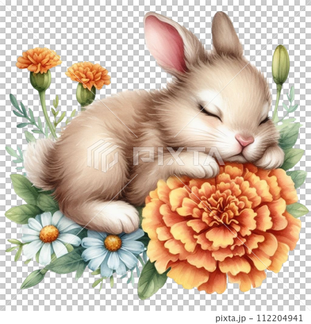 Cute rabbit sleeping on a flower Cute rabbit sleeping on a flower 112204941