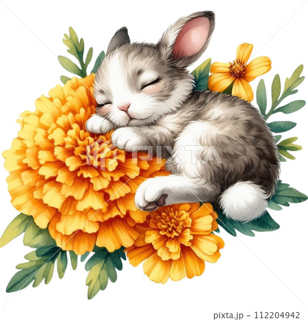 Cute rabbit sleeping on a flower Cute rabbit sleeping on a flower 112204942