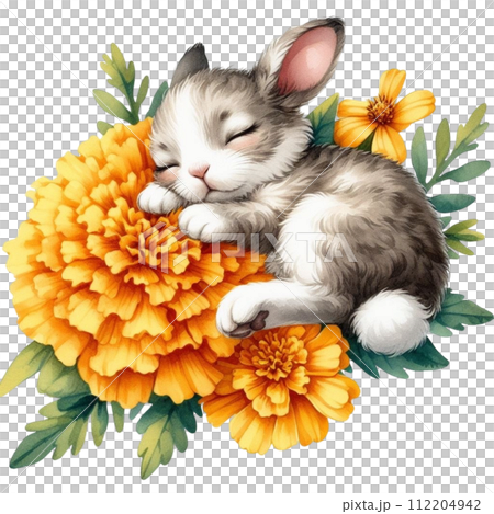 Cute rabbit sleeping on a flower Cute rabbit sleeping on a flower 112204942