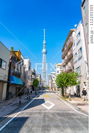 【東京都】錦糸町の路地から見えるスカイツリー 112205305