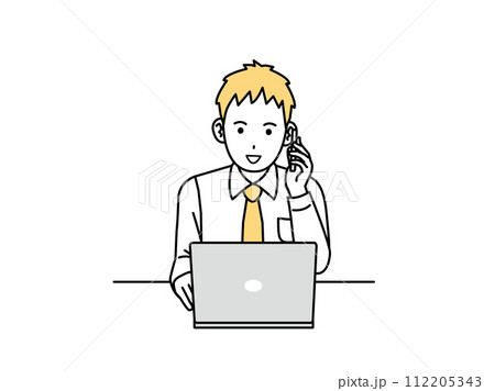 パソコン作業をして働く若い会社員の男性のイラスト 112205343