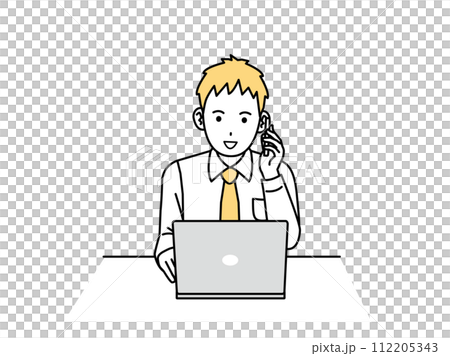 パソコン作業をして働く若い会社員の男性のイラスト 112205343
