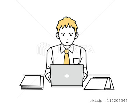 パソコン作業をして働く若い会社員の男性のイラスト 112205345