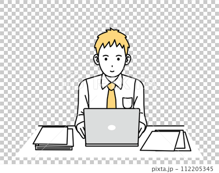 パソコン作業をして働く若い会社員の男性のイラスト 112205345