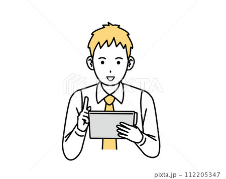 タブレットを操作する若い会社員の男性のイラスト タブレットを操作する若い会社員の男性のイラスト 112205347